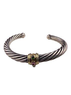 David Yurman Womens 585 Silver & Gold Cable Bracelet With Gemstones
